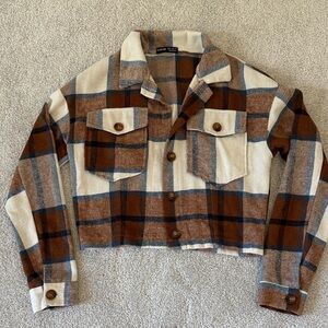 Cropped Flannel Tan and Navy Blue